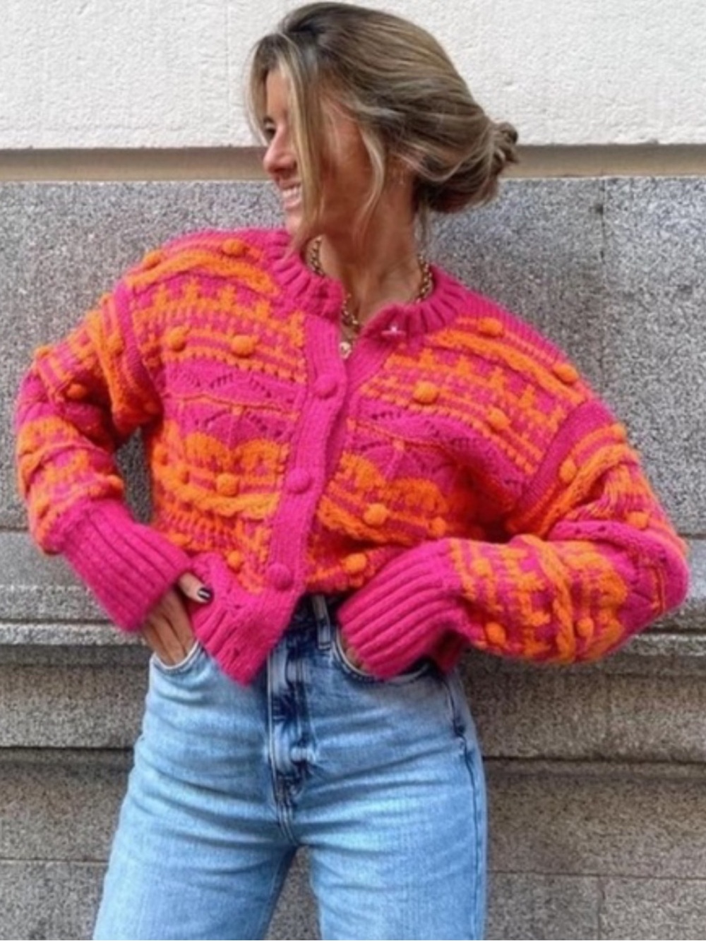 Zara Pink & Orange Knit Button-Up Sweater